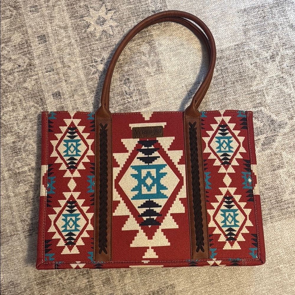 Wrangler Red and Brown Geometric Tote Bag